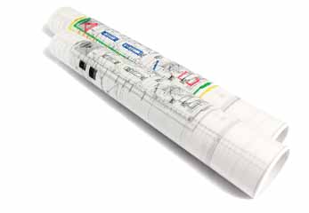 Gerollte Bauzeichnungen auf Transparentpapier