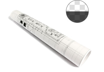 SW-Plot Transparent Eine gerollte Architekturzeichnung auf Transparentpapier
